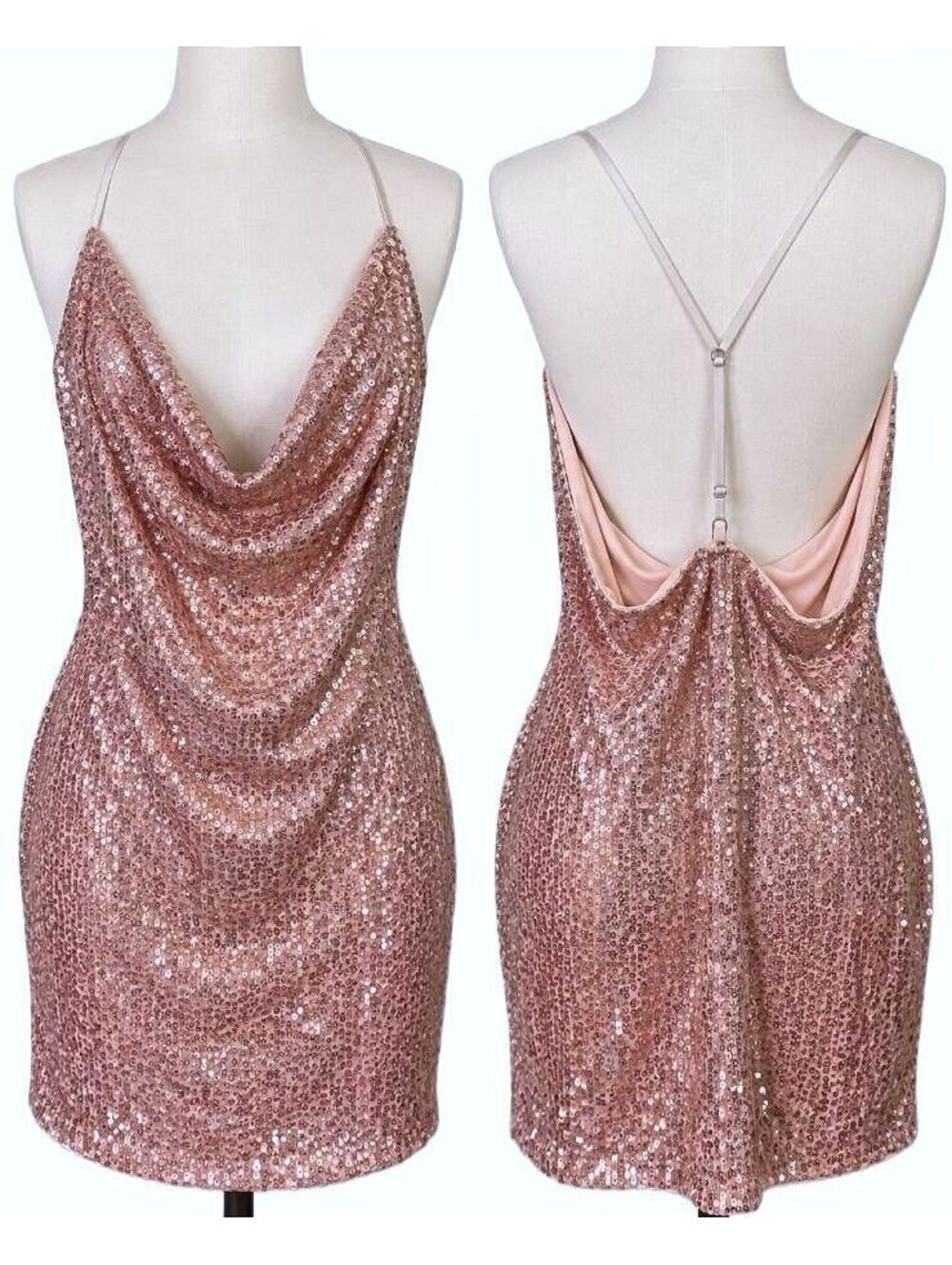 NWT Hello Molly Rose Gold Sequin Cowl Backless Cocktail Mini Dress L US 8
